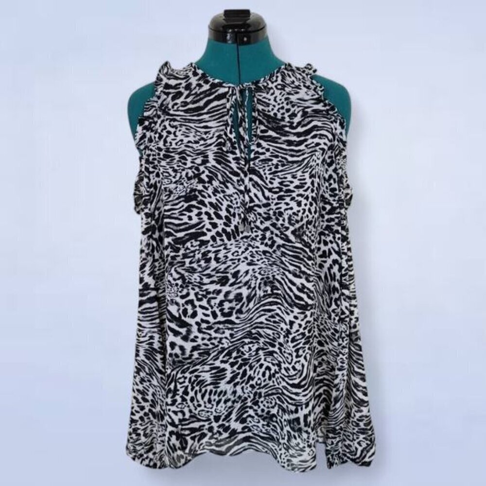 Michael Michael Kors Black Animal Print Colder Shoulder Blouse - Size‎ Large